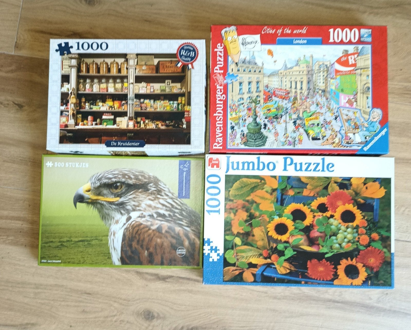 4 Legpuzzels: De Kruidenier, London, Buizerd, Zonnebloemen, Ophalen of Verzenden, 500 t/m 1500 stukjes, Gebruikt, Legpuzzel