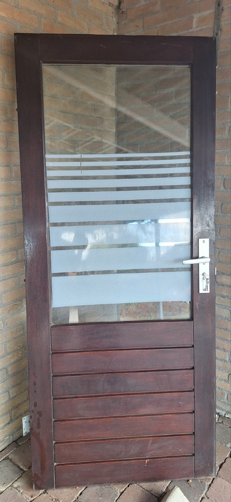 Hardhouten deur met dubbel glas en 3-punts vergrendeling, Doe-het-zelf en Verbouw, Deuren en Horren, Ophalen, Gebruikt, 80 tot 100 cm