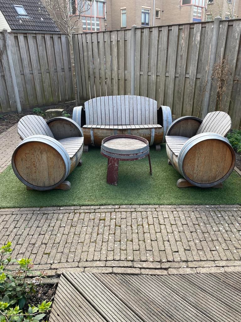 Tuinset van wijnvaten/ houten tuinstel-tuinset eikenhout, Ophalen, 4 zitplaatsen, Gebruikt, Hout