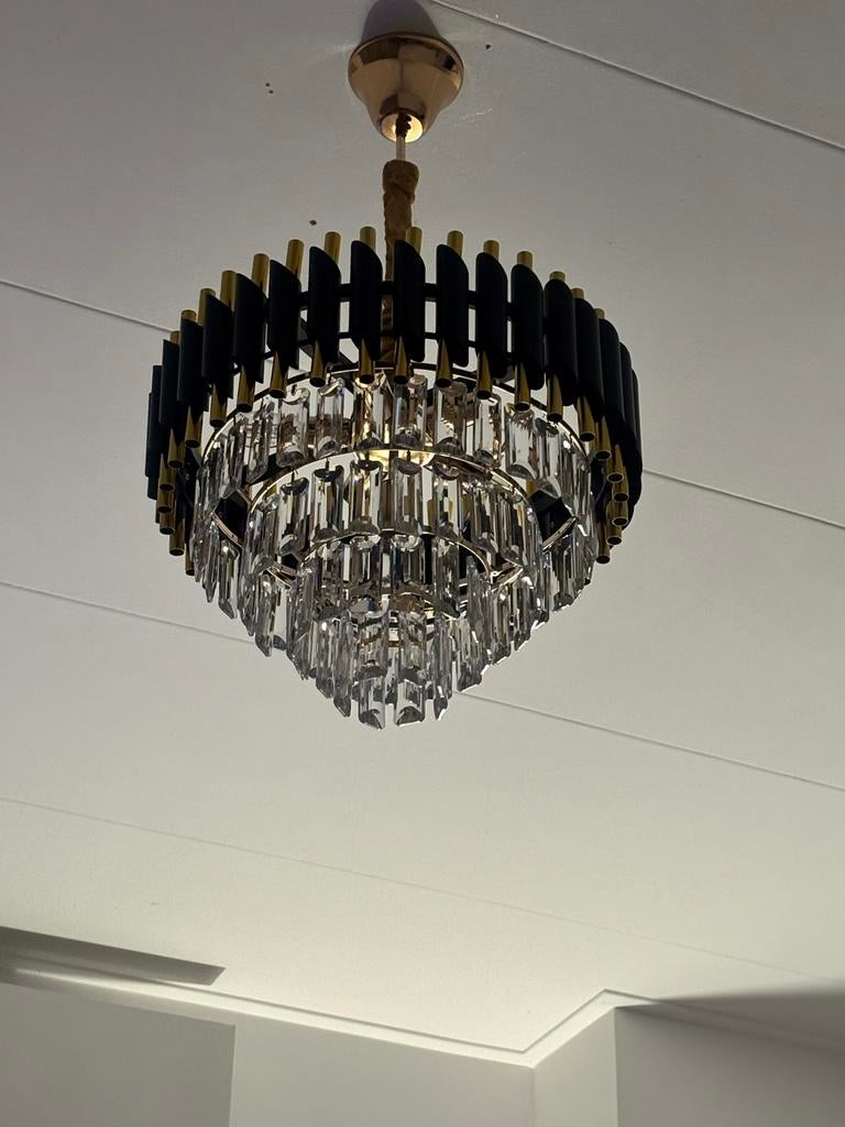Luxe Plafondlamp met Kristallen en Zwart/Gouden Details, Ophalen of Verzenden