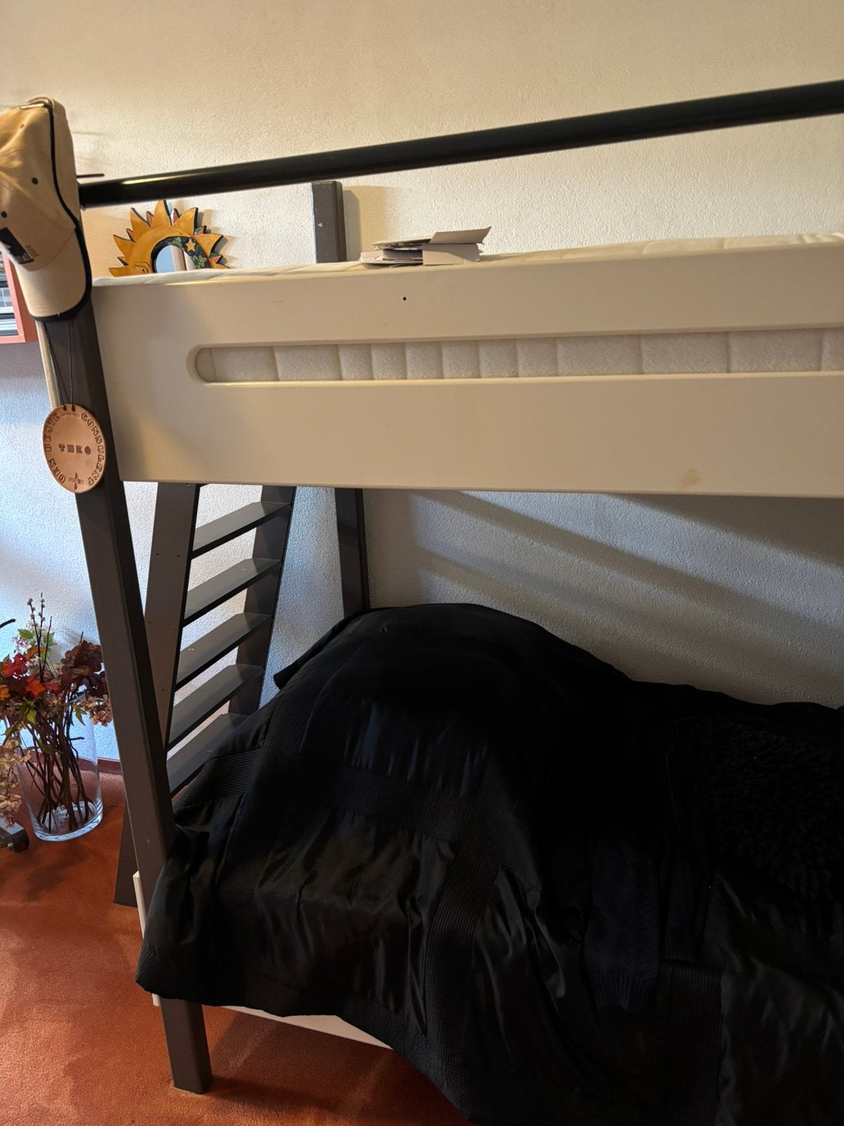 Robuust handgemaakt houten stapelbed met matrassen, Ophalen, Gebruikt, Eenpersoons, Overige maten