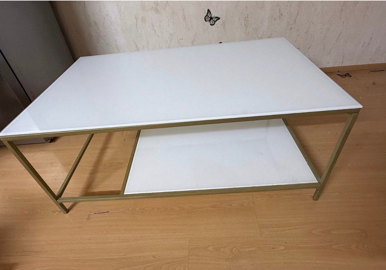 Stijlvolle salontafel met glazen blad en extra plank, Gebruikt, 100 tot 150 cm, Glas, 50 tot 100 cm