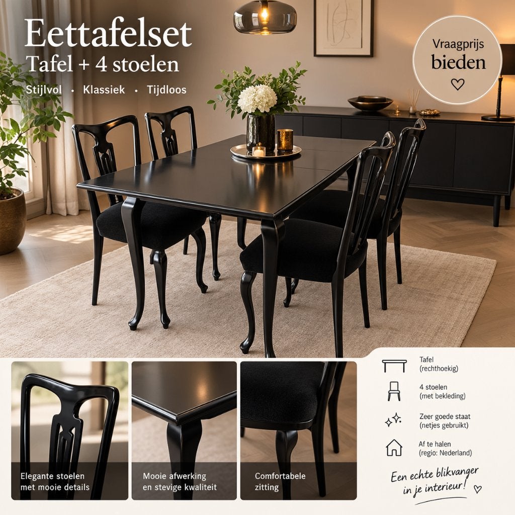 Vintage zwarte eetkamerset (uitschuifbare tafel + 4 stoelen, Ophalen, 100 tot 150 cm, Queen Ann, Teakhout