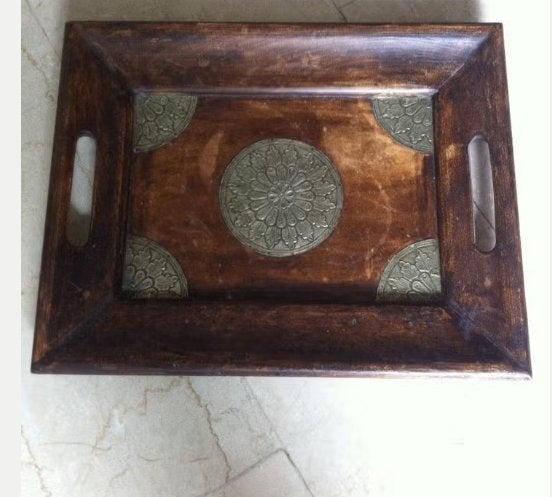 Dienblad vintage massief hout bruin L48 Br 38cm, Ophalen of Verzenden, Zo goed als nieuw, Dienblad, Rechthoekig