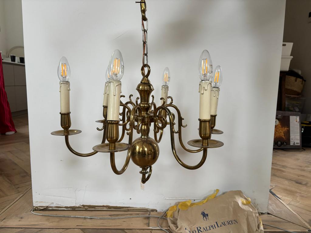 Klassieke Koperen Kroonluchter met 6 Lichtpunten, Ophalen of Verzenden, Gebruikt, Metaal
