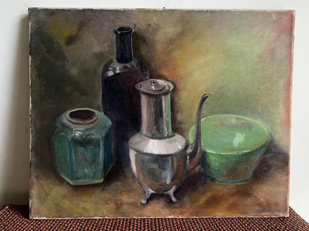 Stilleven met koffiekan, fles, kom en pot, Antiek en Kunst, Kunst | Schilderijen | Klassiek, Ophalen of Verzenden