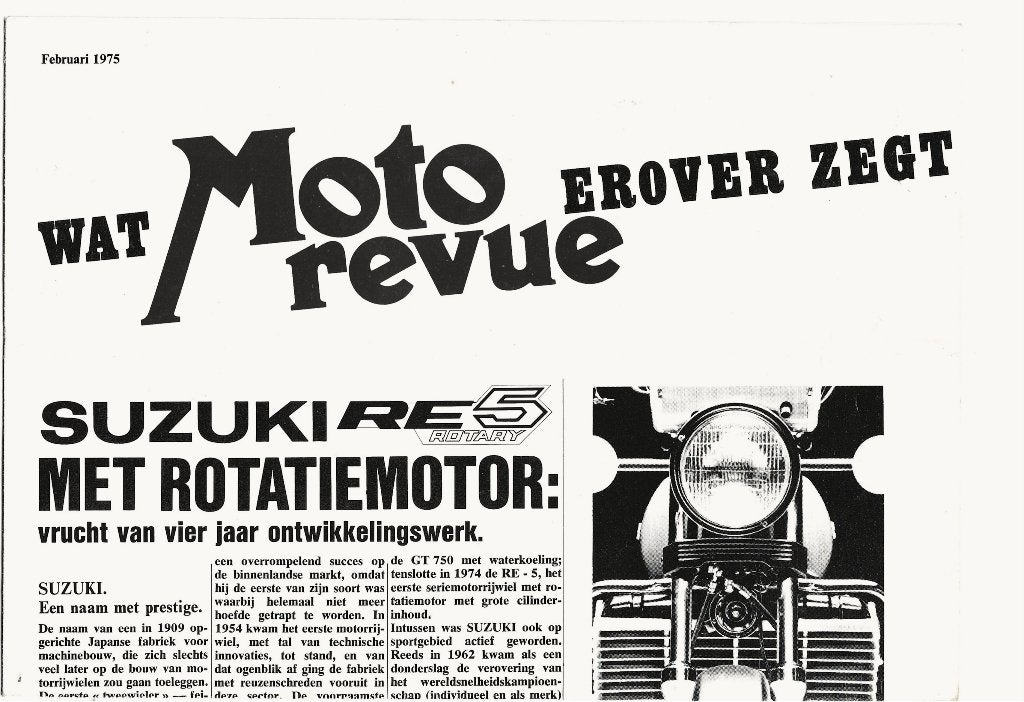 Suzuki RE5 rotatiemotor reclameblad 1975 (3630z), Motoren, Verzenden, Suzuki