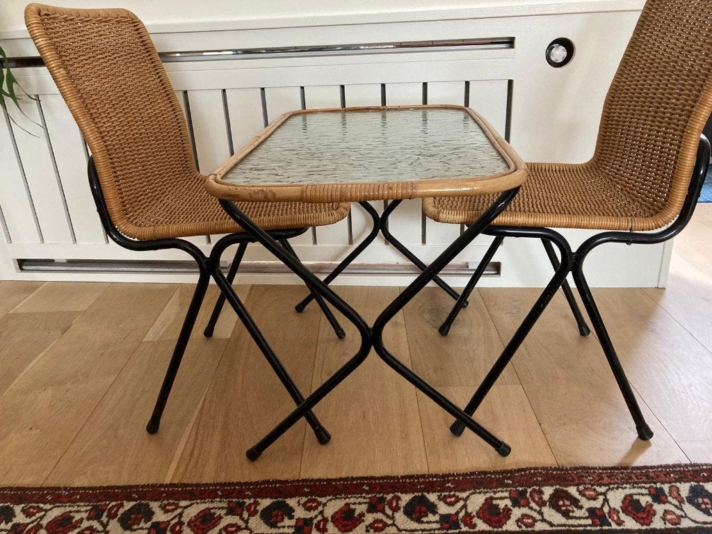 Dirk van Sliedregt set van rotan tafeltje met 2 stoelen, Gebruikt, 50 tot 100 cm, Glas, Vintage bohemian design