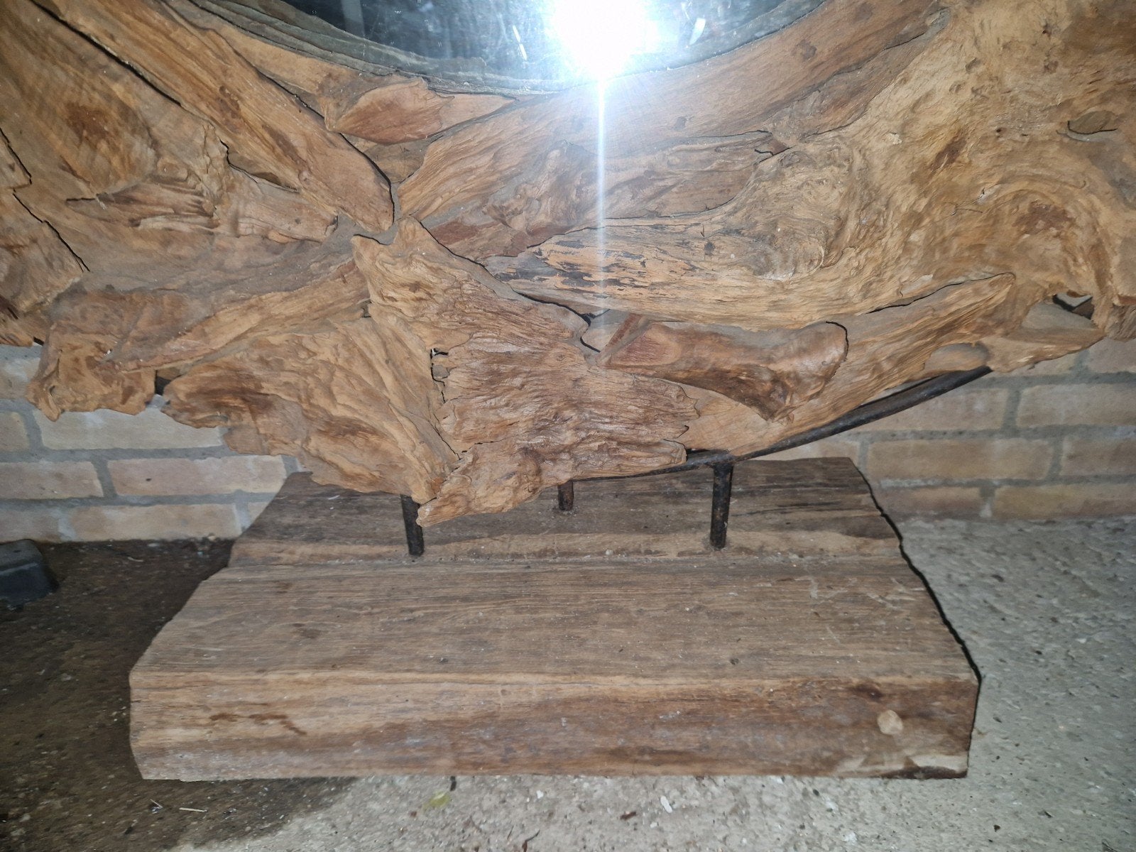 Grote drijfhouten spiegel op steun - 150 cm doorsnee, Ophalen, Gebruikt, Rond, 125 cm of meer