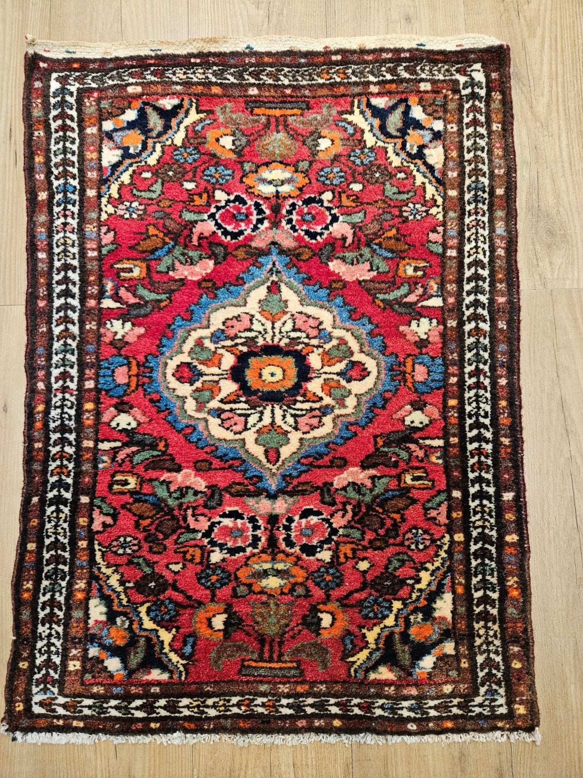 Vintage handgeknoopt perzisch tapijt hamadan 91x65, Info@SlatsAntiek.nl, Tweedehands, 50 tot 100 cm, Perzisch