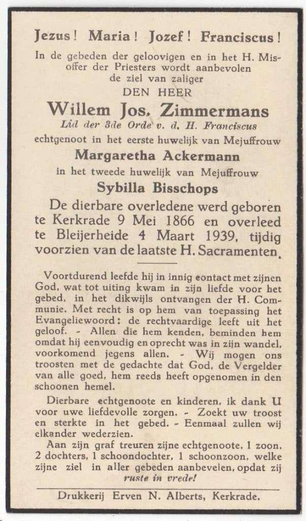 Willem J. Zimmermans 1866 Kerkrade + 1939 Bleijerheide, 72 j, Verzenden