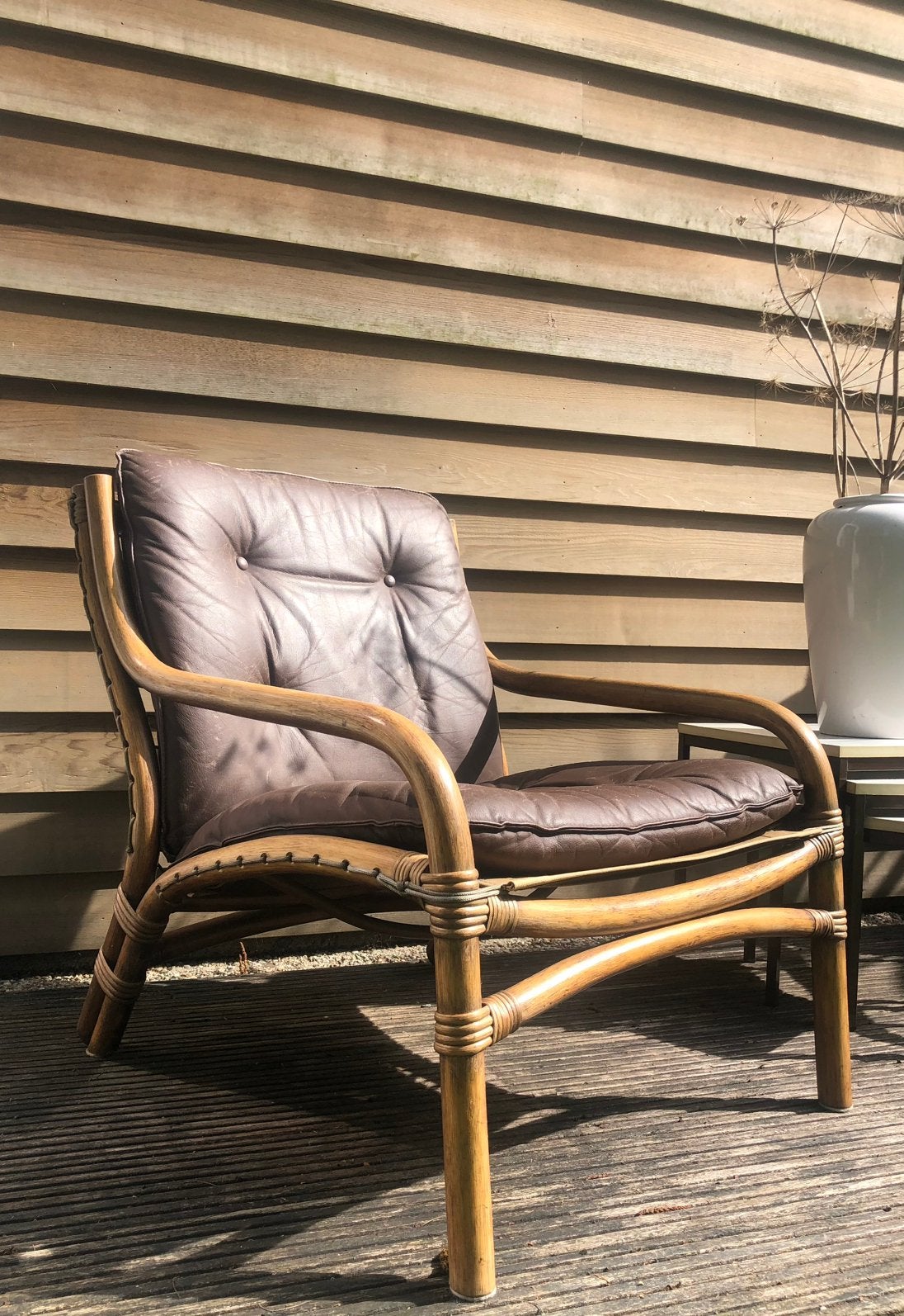 Vintage set Bamboe fauteuils met leren kussens, Huis en Inrichting, Ophalen, Minder dan 75 cm, Zo goed als nieuw, Stof