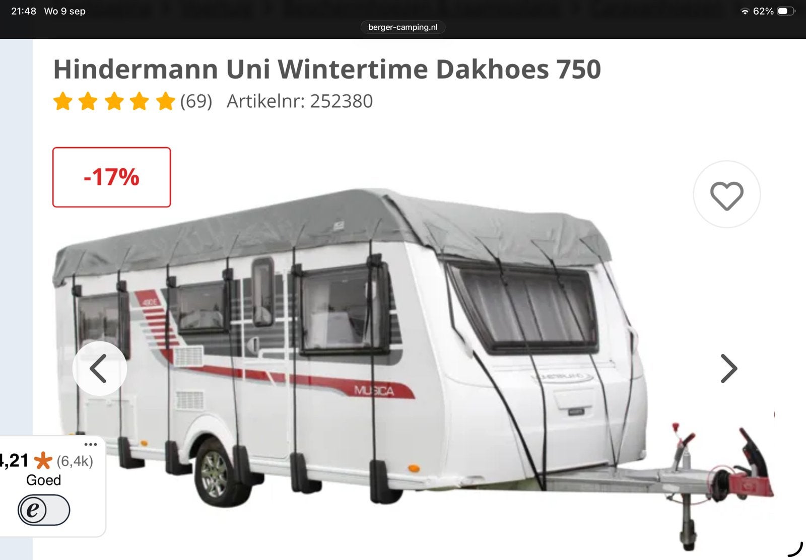 CAMPERDAKHOES HINDERMANN WINTERTIME  7.30 x 3.00 mtr, Ophalen, Zo goed als nieuw