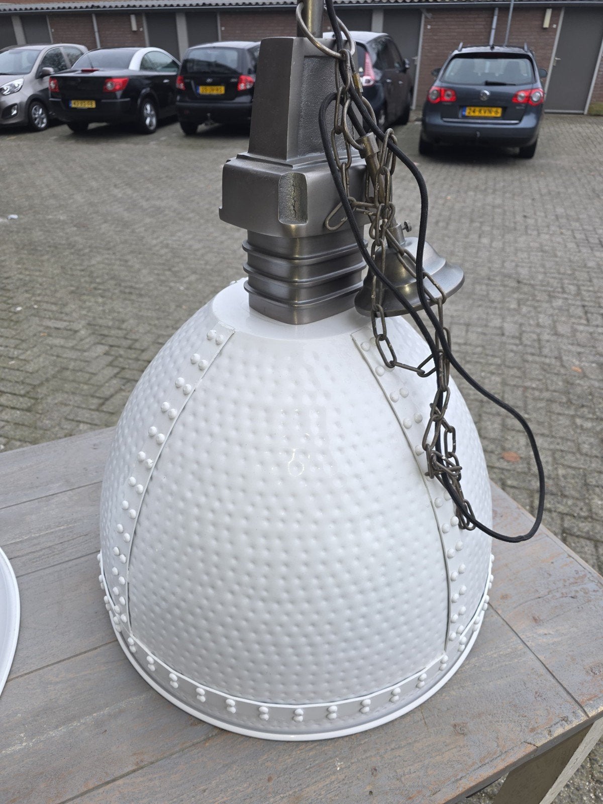 Rivièra Maison hanglampen - Wit geëmailleerd metaal, Huis en Inrichting, Lampen | Hanglampen, Ophalen, E27 (groot), Zo goed als nieuw