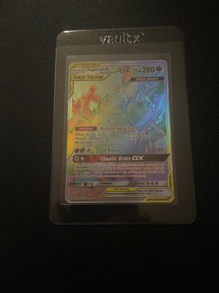 Pokémon Naganadel & Guzzlord GX TAG TEAM Rainbow Rare, Ophalen of Verzenden, Zo goed als nieuw, Losse kaart, Foil