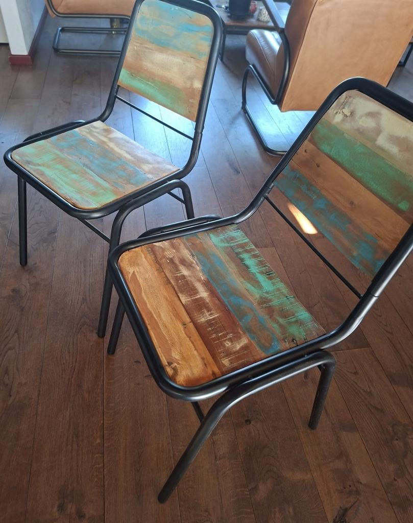 Set van 4 industriële stoelen met gerecycled hout, Ophalen, Gebruikt, Overige kleuren, Vier