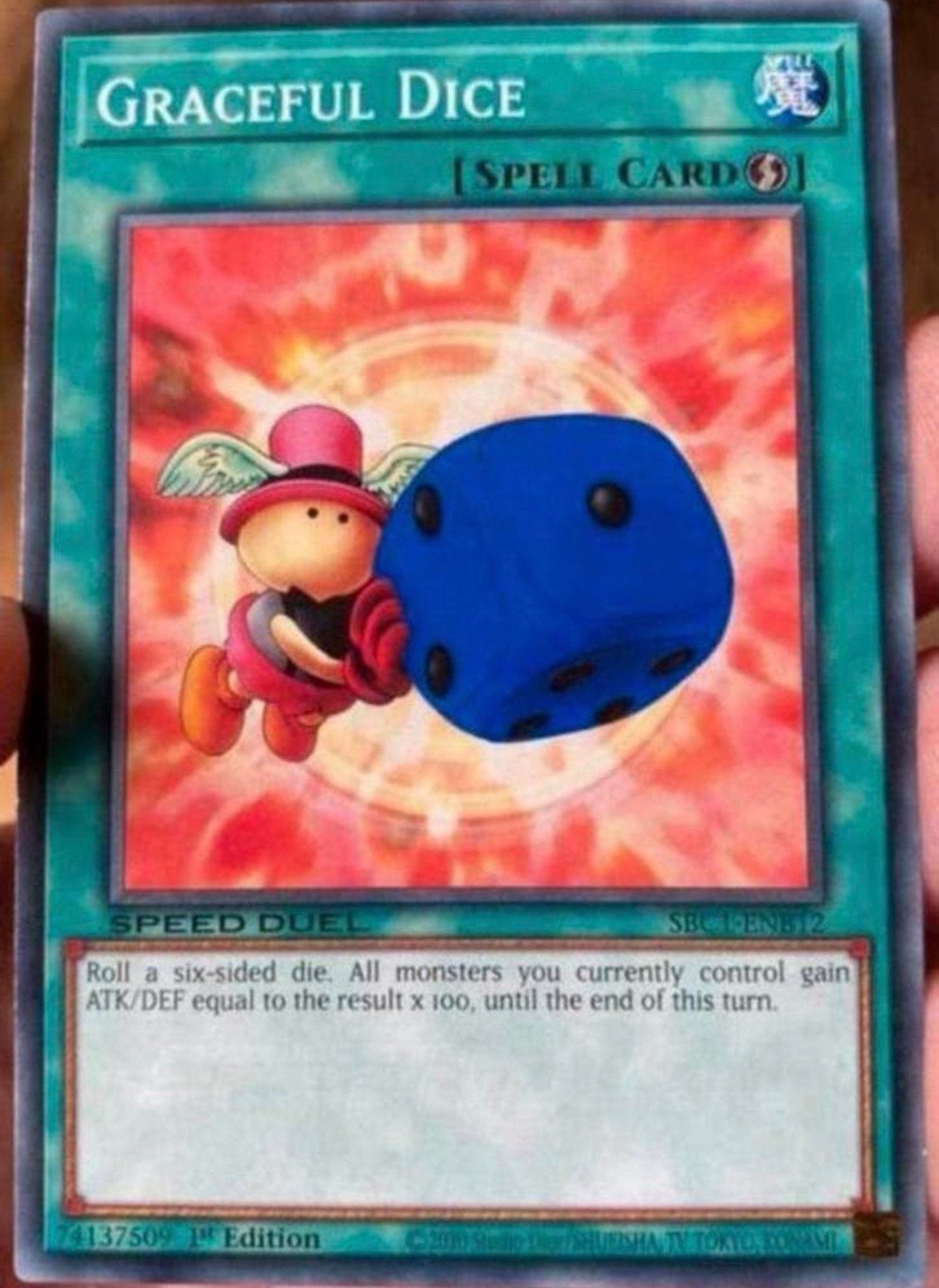 Yu-Gi-Oh! Graceful Dice SBC1 1st Ed Duel Promo !, Ophalen of Verzenden, Zo goed als nieuw, Losse kaart