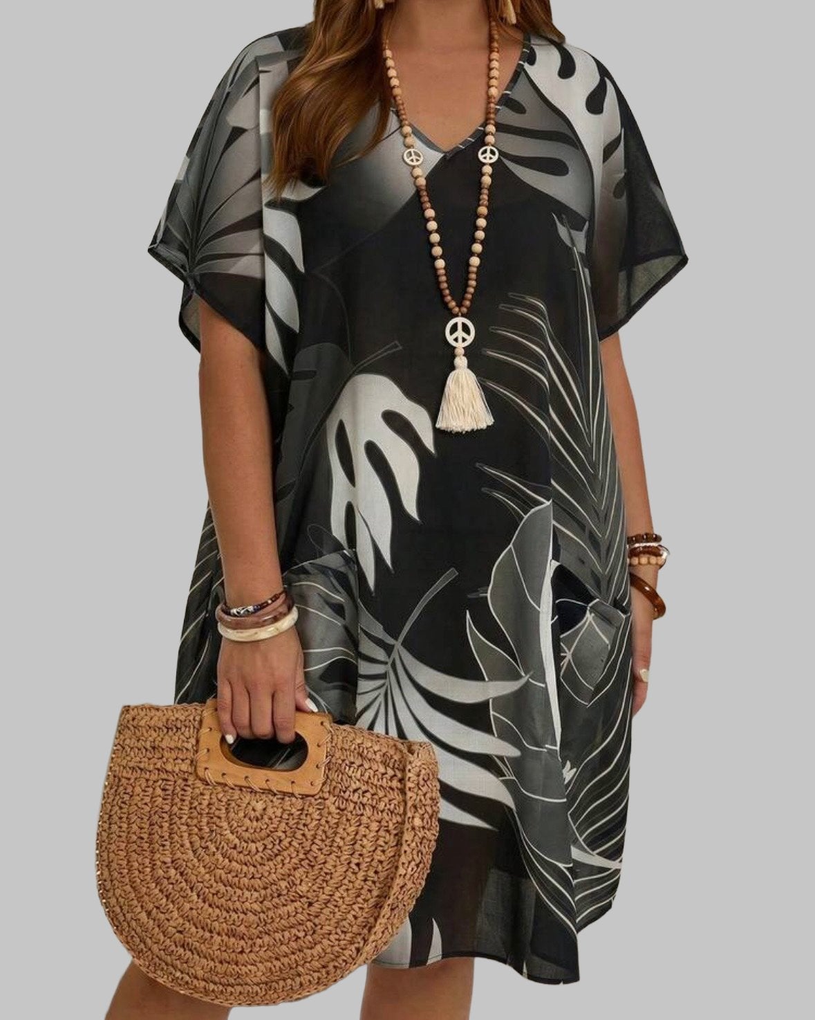 Zomerse Kaftan Jurk met Tropische Print (46-54), Verzenden, Nieuw, Zwart, Jurk