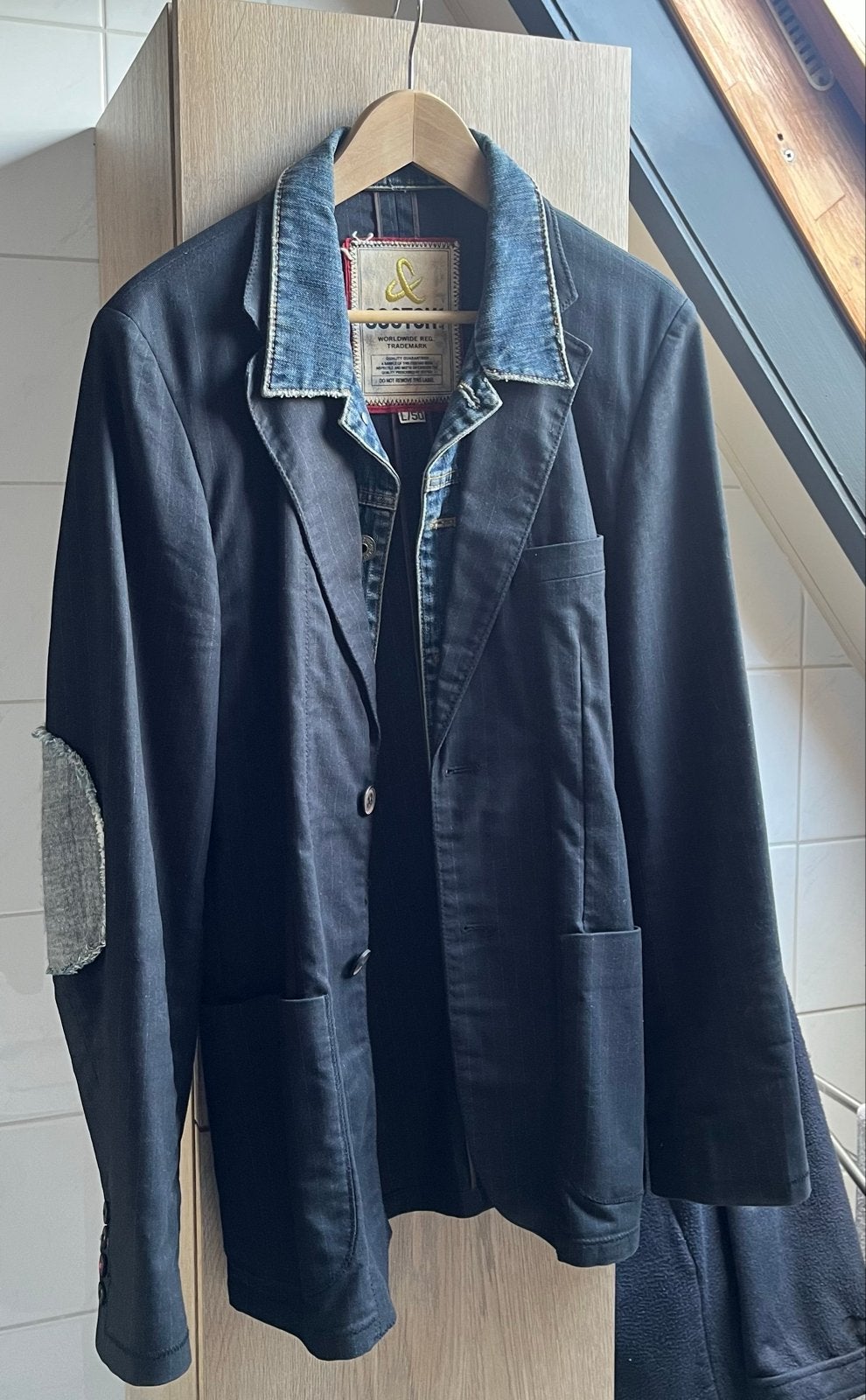Scotch & Soda colbert met denim kraag en elleboogstukken, Kleding | Heren, Ophalen of Verzenden, Zo goed als nieuw, Maat 52/54 (L)