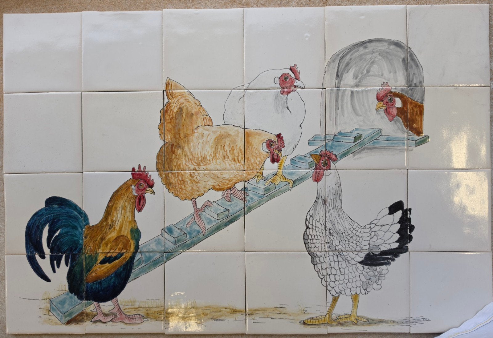 Uniek handgeschilderd kippen tableau op tegels, Ophalen of Verzenden