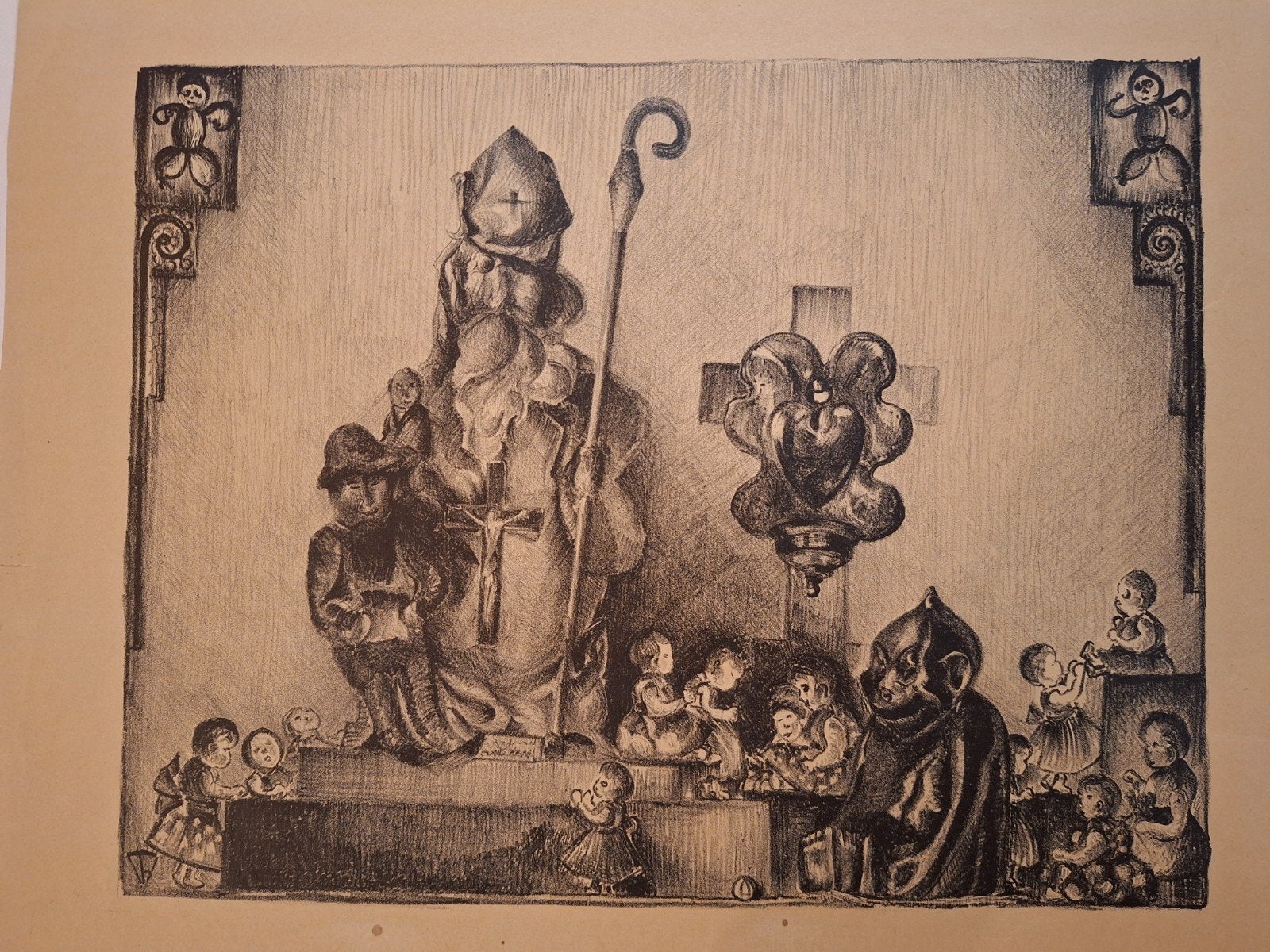 Lithografie Sint Nicolaas met kinderen en engelen, Antiek en Kunst, Ophalen of Verzenden