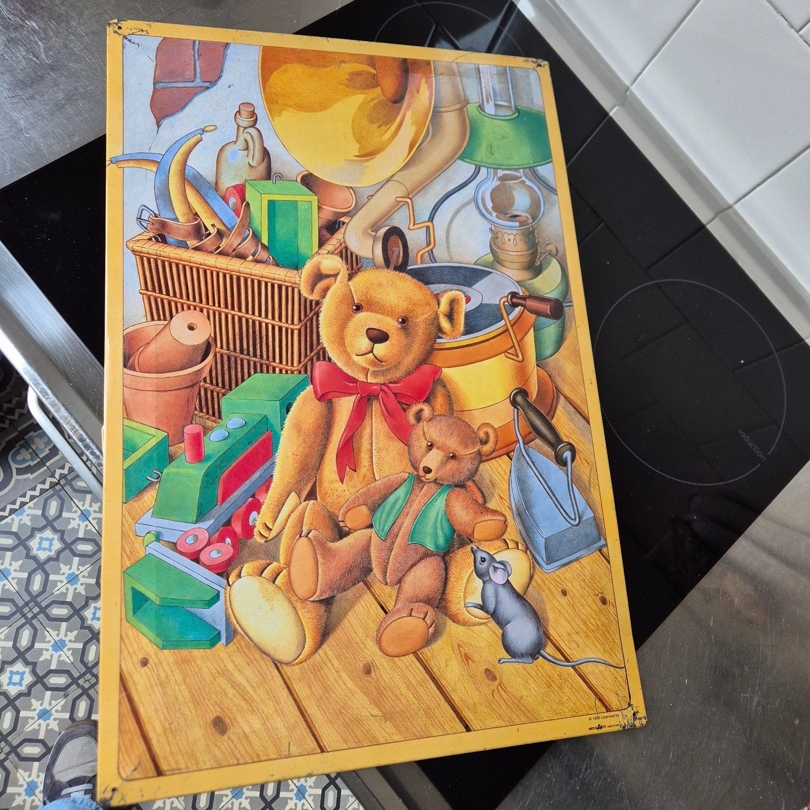 Vintage metalen plaat met teddyberen en speelgoed 59x39cm, Ophalen of Verzenden