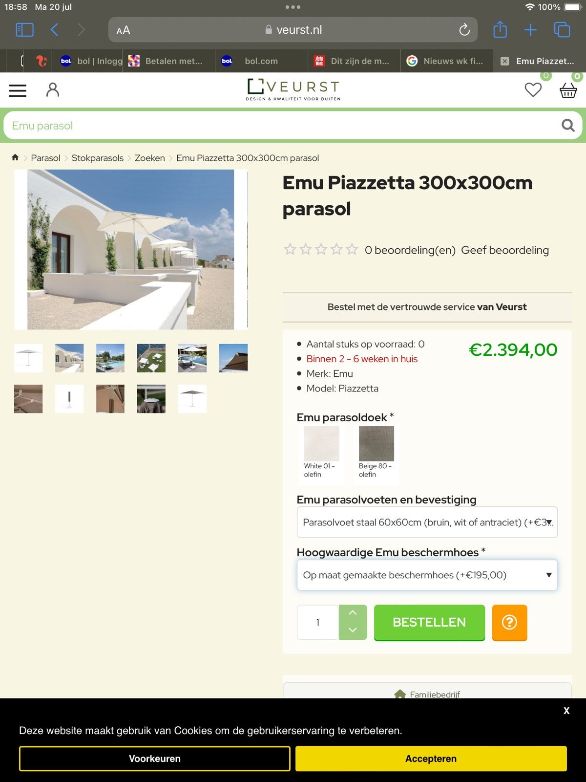 Parasol 300x300 zeer mooi slechts 1 zomer gebruikt moet weg, Ophalen, Zo goed als nieuw, Stokparasol