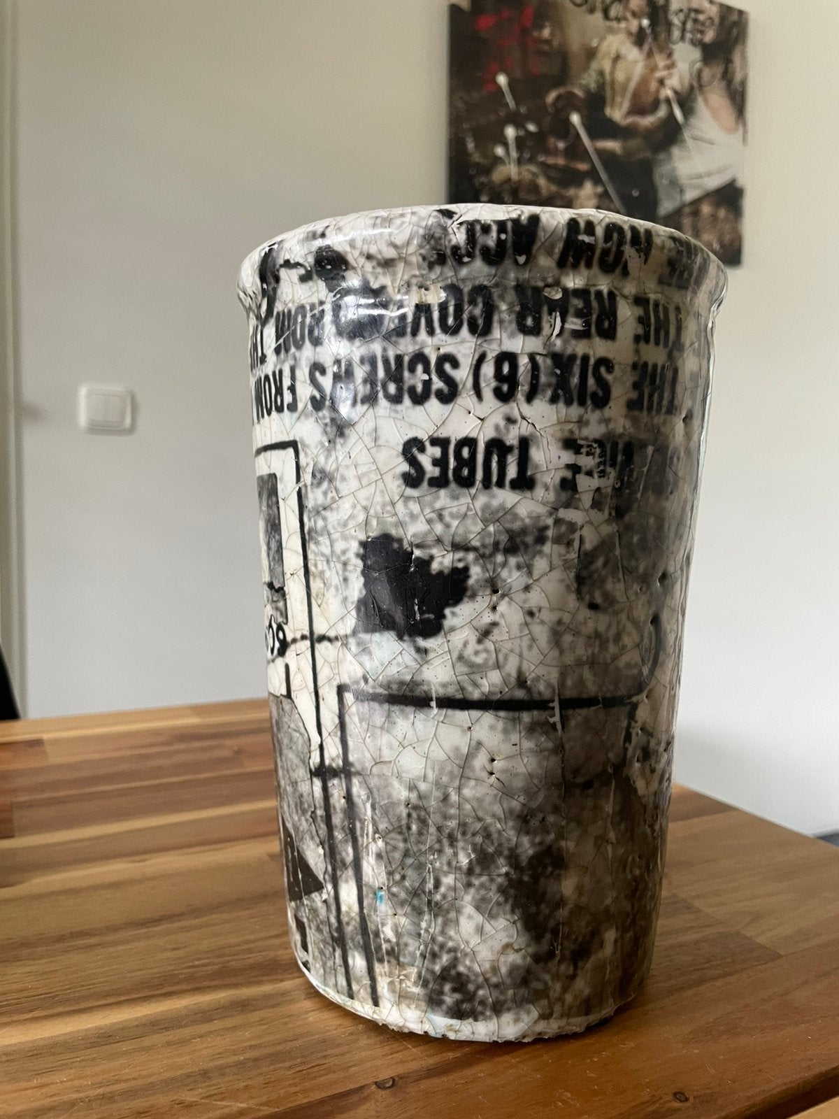 Unieke handgemaakte bloempot met tekstprint, Ophalen, Zo goed als nieuw