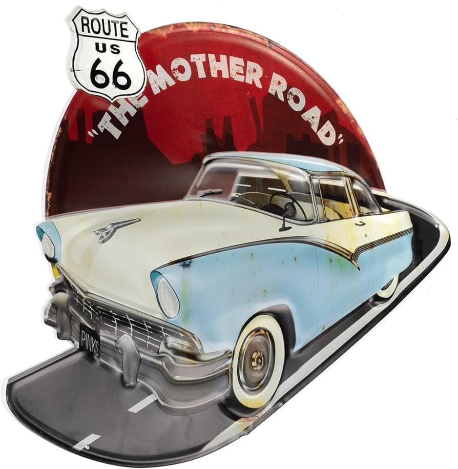 Metalen tekstbord - route 66 - fifties - 1956 ford fairlane, Verzamelen, Reclamebord, Z, Nieuw, Ophalen of Verzenden