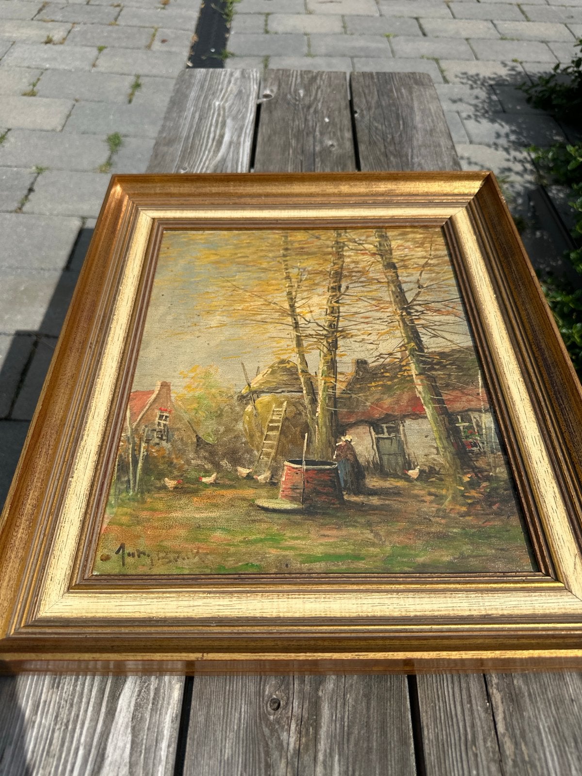 Oud Hollands Landschap Schilderij - Boerderij met Kippen, Antiek en Kunst, Ophalen, Doek, Oud hollands, Gesigneerd