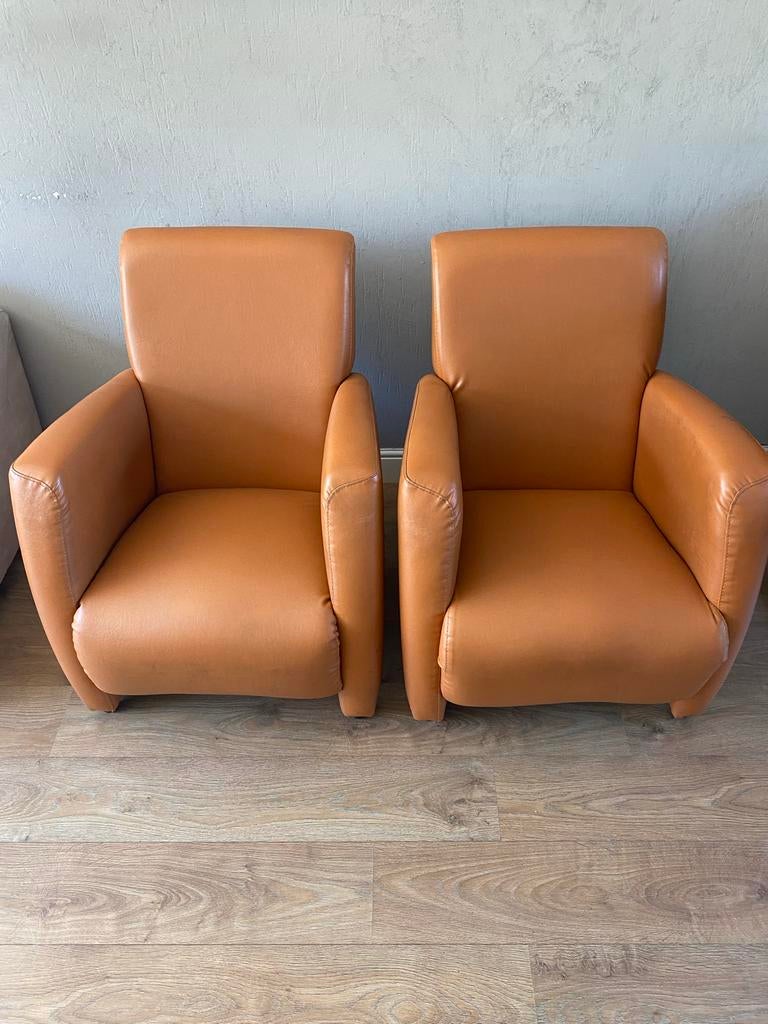 Set van 2 cognac/oranje leren fauteuils, Huis en Inrichting, Fauteuils, Ophalen, Overige materialen, Gebruikt, 75 tot 100 cm