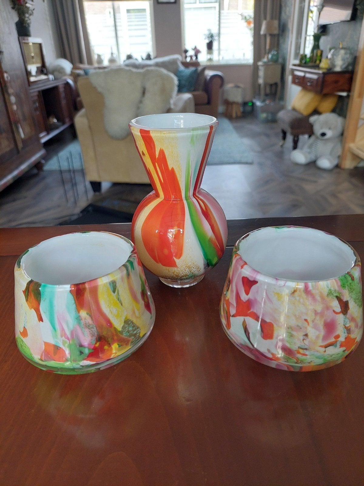 Set van 3 kleurrijke glazen vazen/potten, Ophalen of Verzenden