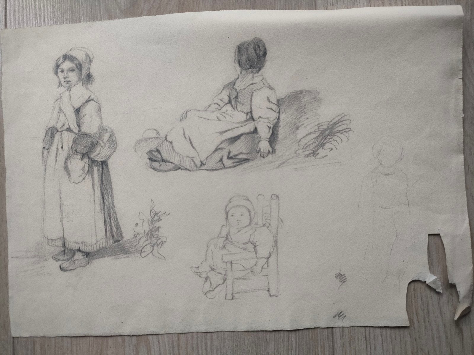 Boerinnen en baby, potloodtekening, Ophalen of Verzenden
