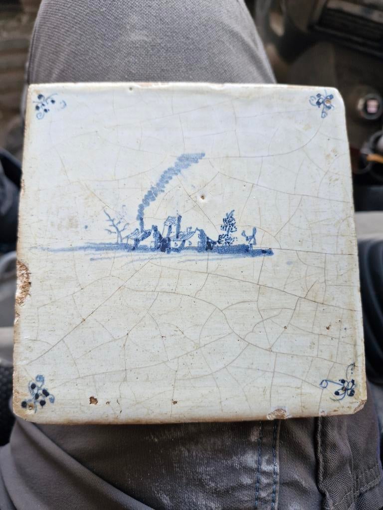 Antieke Wandtegel met Landgezicht - Blauw-wit, Ophalen