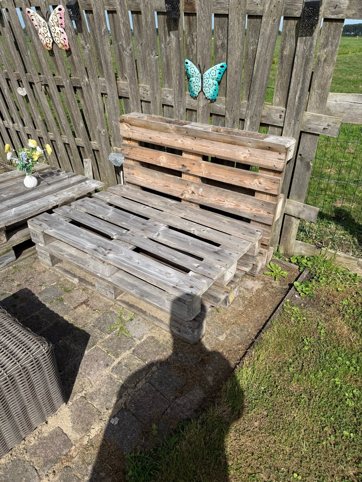 Loungeset van pallets met kussens (gratis pallets), Ophalen, 4 zitplaatsen, Gebruikt, Loungeset