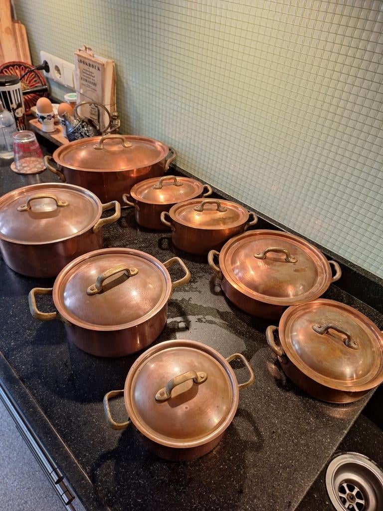 Vintage 8-delige Koperen Pannenset - Vertind, Ophalen of Verzenden, Gebruikt, Overige materialen, Pannenset