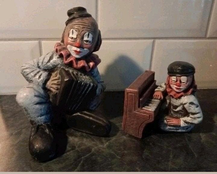 Vintage beelden clown 'Léon' muzikant  440 en 421, Verzamelen, Beelden en Beeldjes, Ophalen, Zo goed als nieuw
