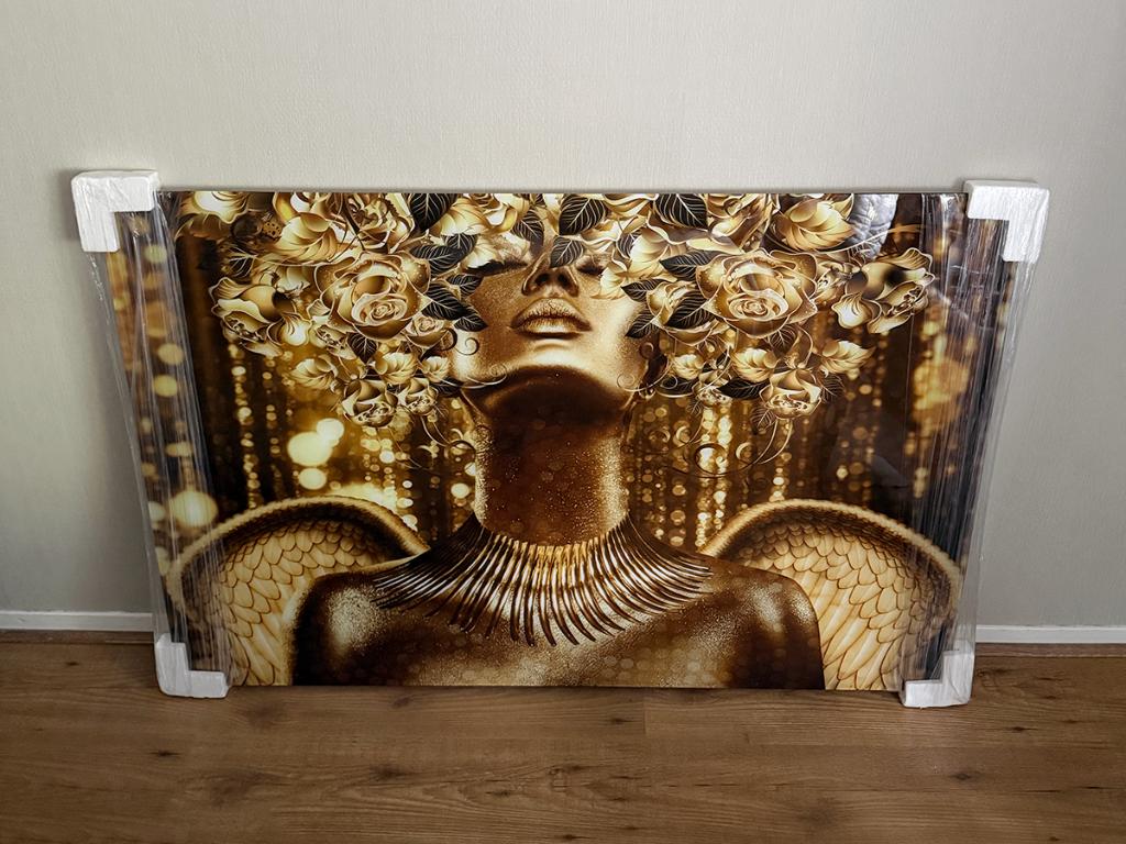 Glasschilderij vrouw goudkleur met bloemen, Ophalen, Nieuw, Schilderij, 100 tot 125 cm
