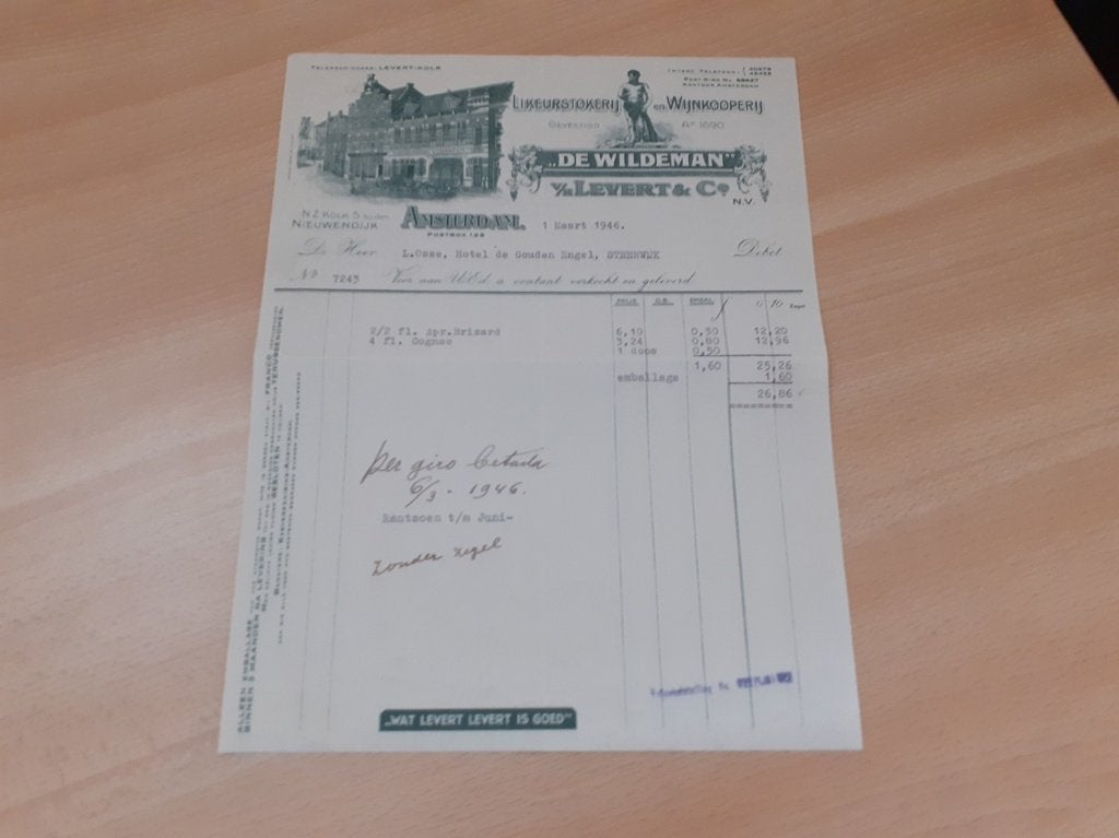 distilleerderij De Wildeman Amsterdam vh Levert factuur 1946, Ophalen of Verzenden, Zo goed als nieuw, Overige typen