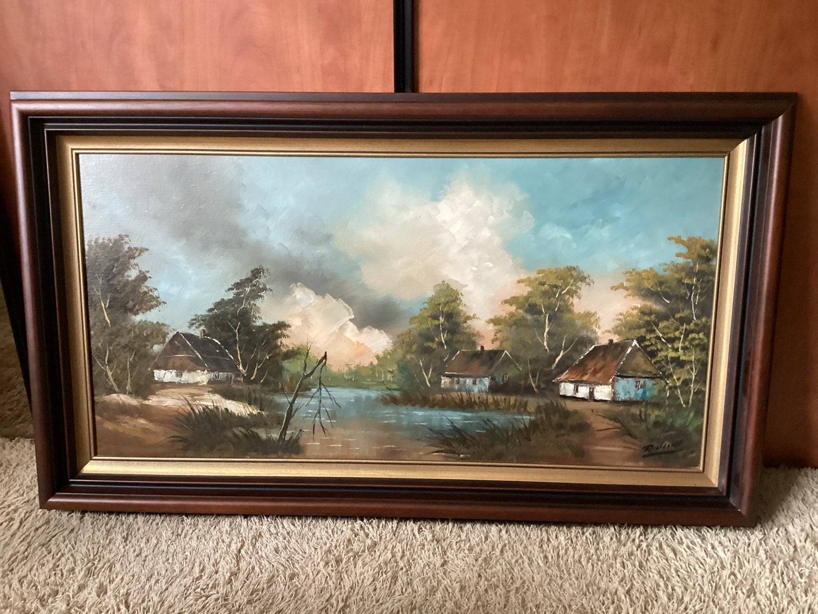Schilderij op doek, 140 x 80 cm, landschap met huizen, Ophalen, Doek, Landschap, Olieverf