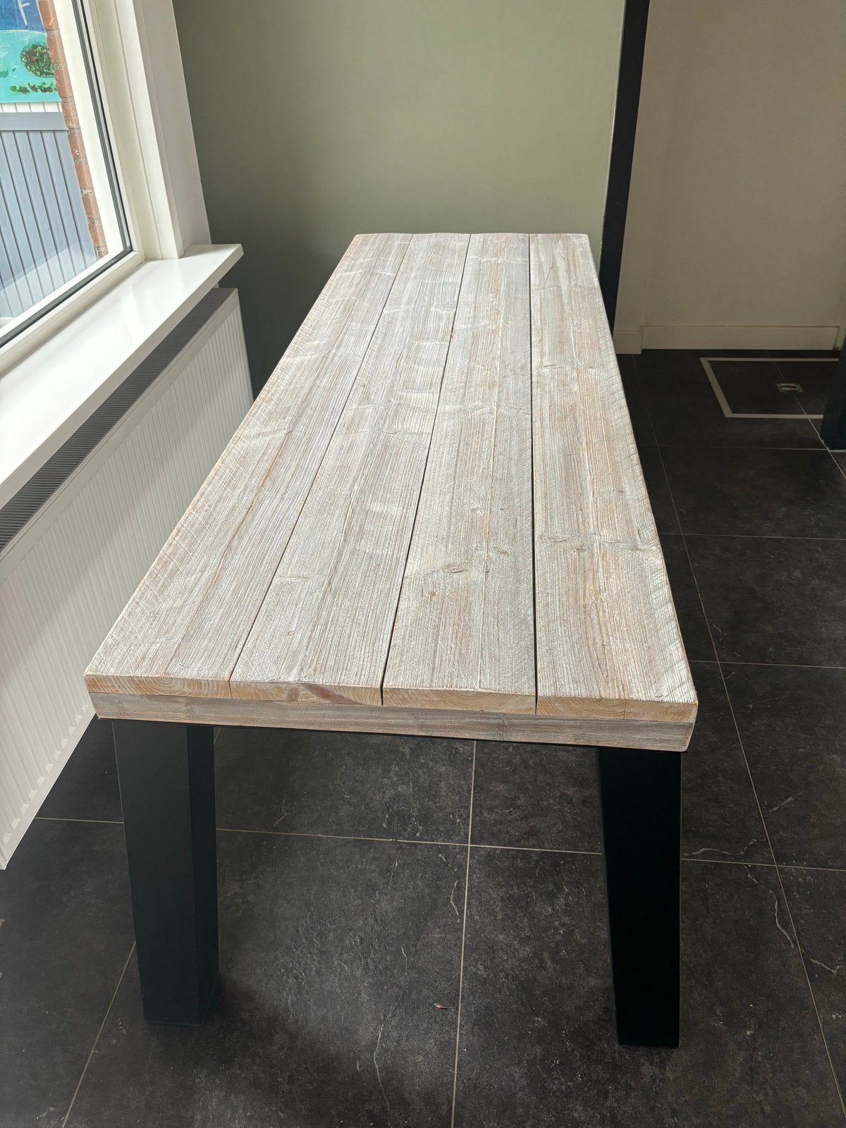 Eettafel met houten blad en metalen poten, Ophalen, Gebruikt, 50 tot 100 cm, 150 tot 200 cm