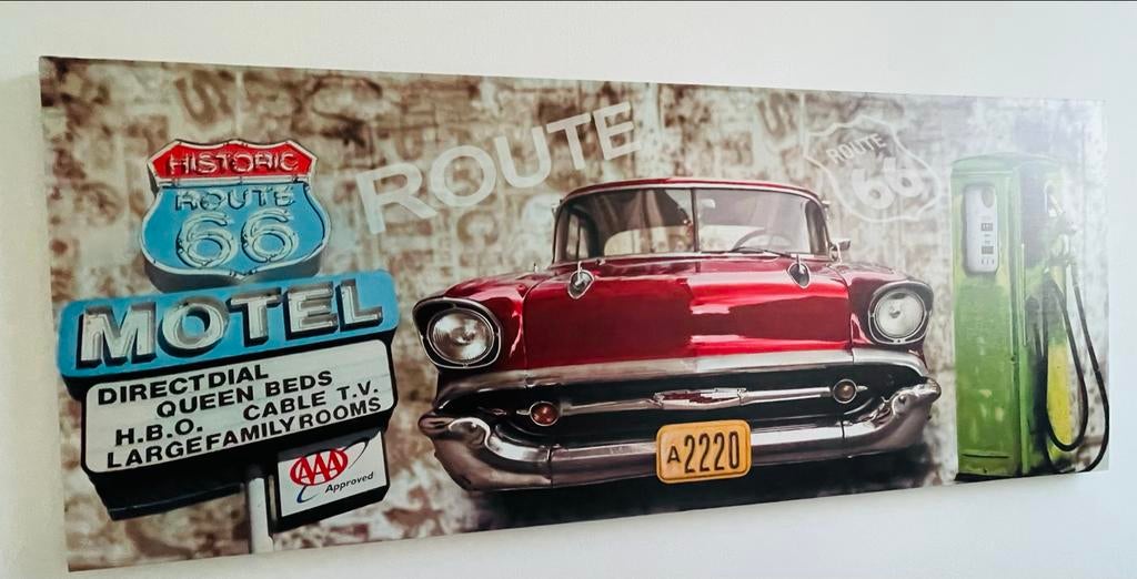 Route 66 Canvas Schilderij met Klassieke Auto, Ophalen of Verzenden
