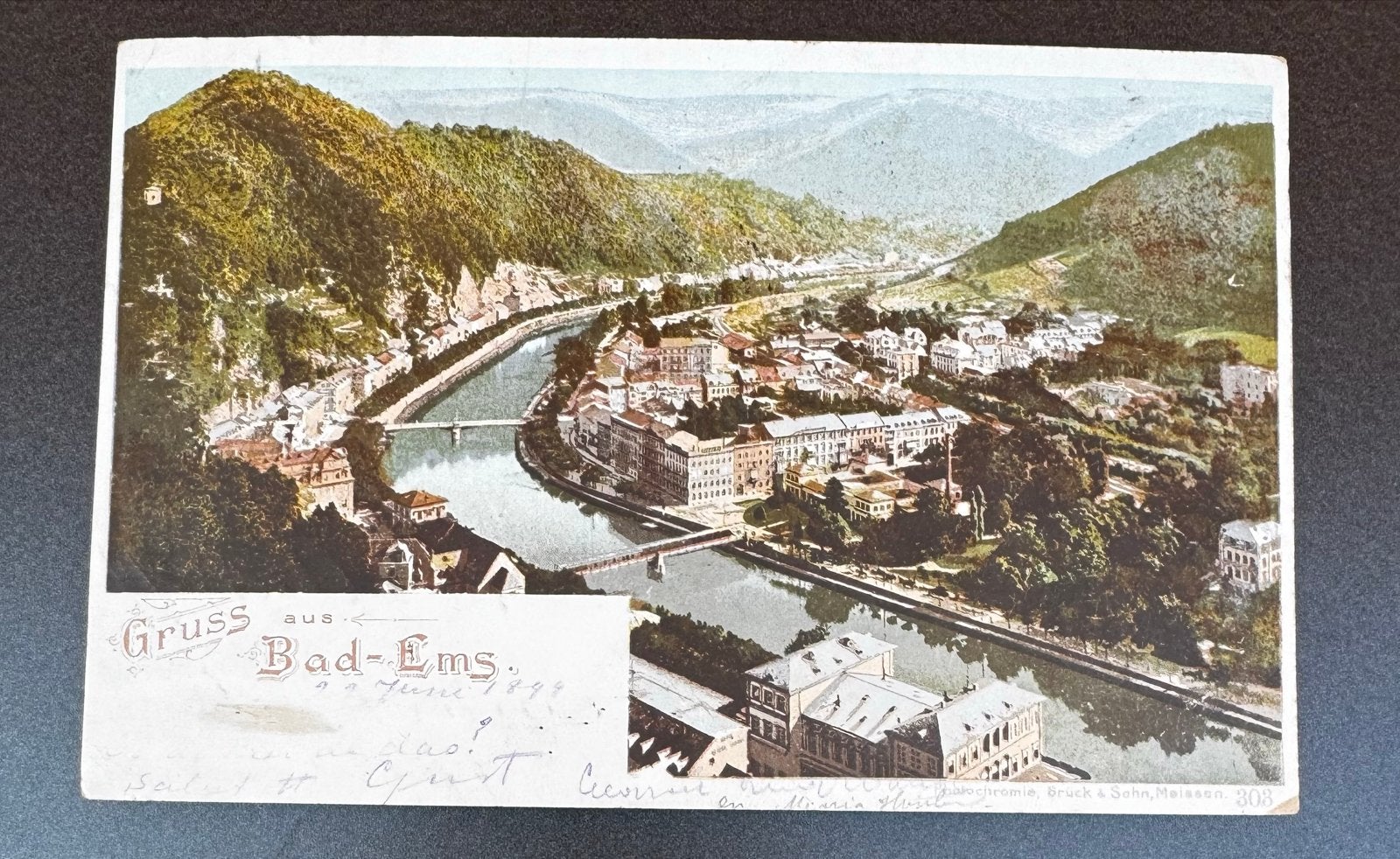 Postkaart Gruss aus Bad-Ems, gelopen 1899, Photochromie, Ophalen of Verzenden, Voor 1920, Gelopen, Duitsland