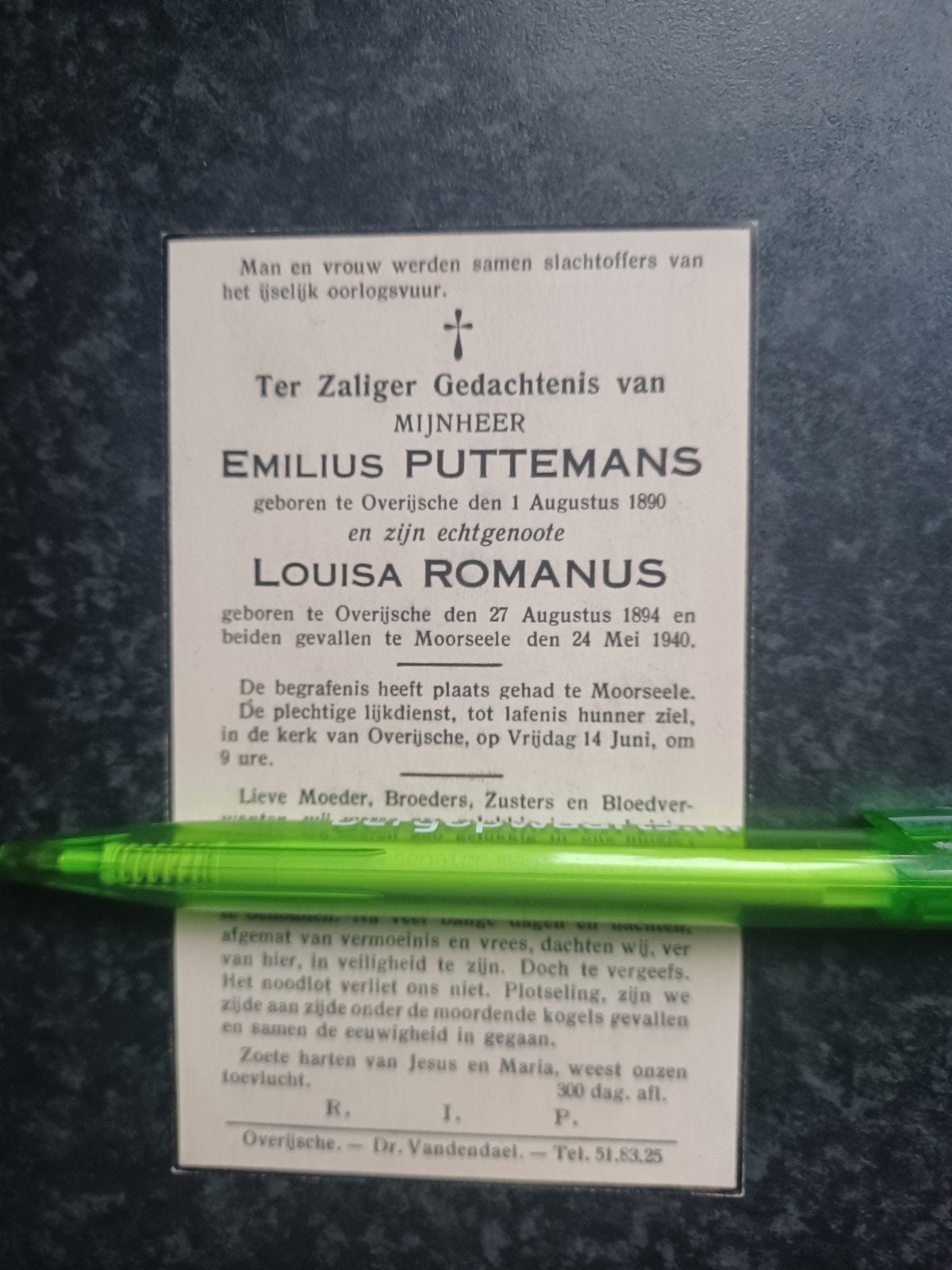 Bidprentje Overijsche Echtpaar Puttemans Romanus 1940, Ophalen, Bidprentje