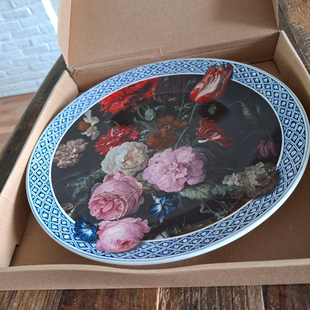 Heinen Delfts Blauw Bord Bloemen van de Gouden Eeuw 31 cm gr, Ophalen of Verzenden