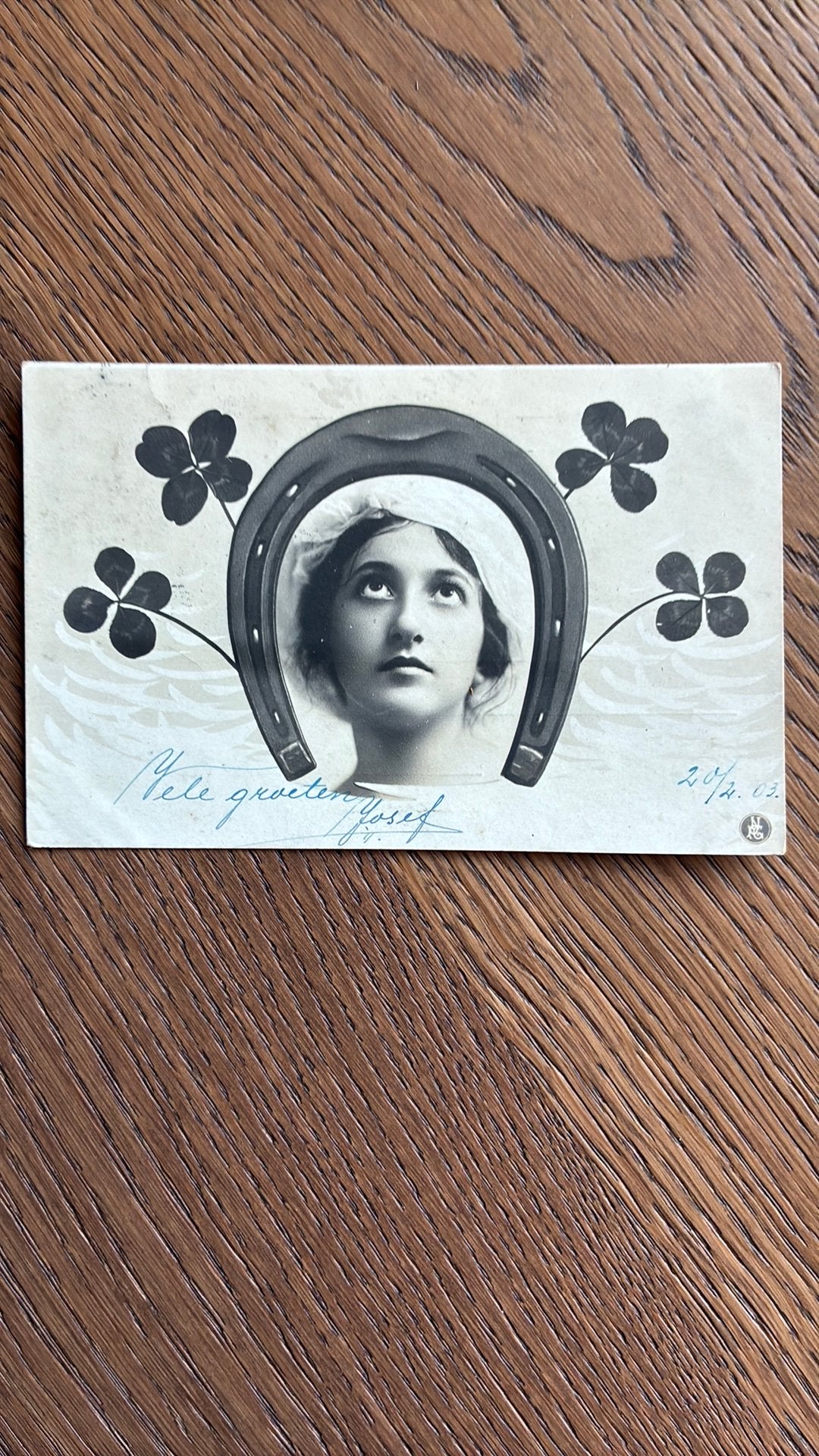 Portret vrouw, hoefijzer, klaver. 1903, Ophalen of Verzenden, Voor 1920, Gelopen, Overige thema's