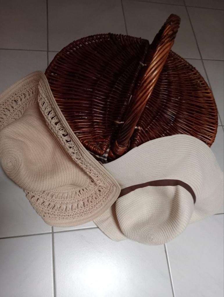 Picnicmand met twee hoeden, Kleding | Dames, Hoeden en Petten, Ophalen, Zo goed als nieuw, One size fits all
