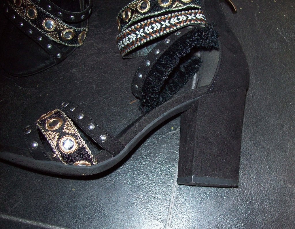 Open Boho  Sandalen zwart met kralen/spiegels/franje  41, Zwart, Sandalen of Muiltjes, Ophalen of Verzenden, Onbekend