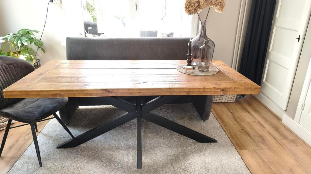 Houten eettafel met metalen onderstel, 1.80 bij 84 cm, Ophalen, Gebruikt, 50 tot 100 cm, 150 tot 200 cm
