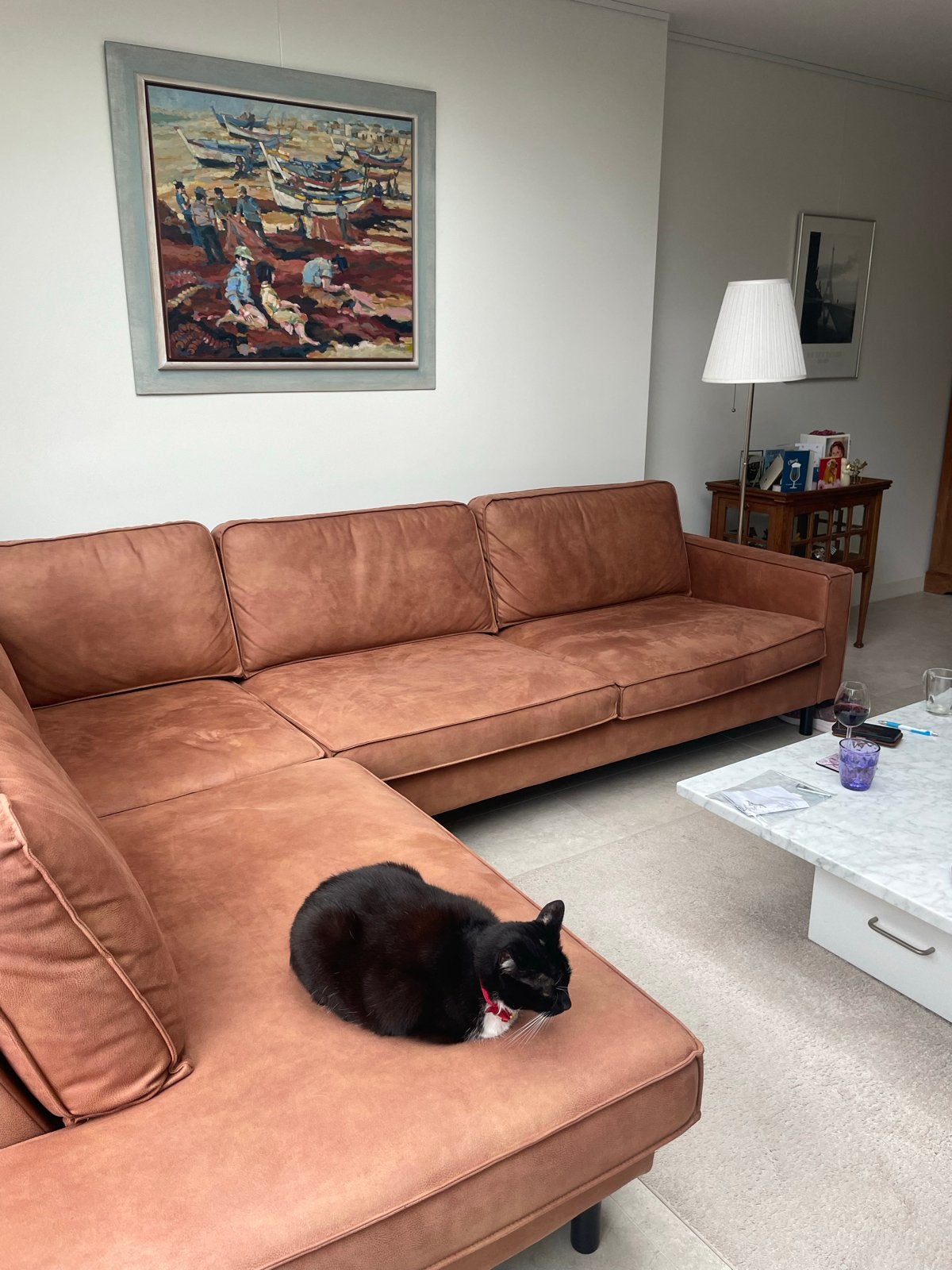 Comfortabele Hoekbank (zonder kat) cognac kleurig, Ophalen, 250 tot 300 cm, Gebruikt, 100 tot 125 cm